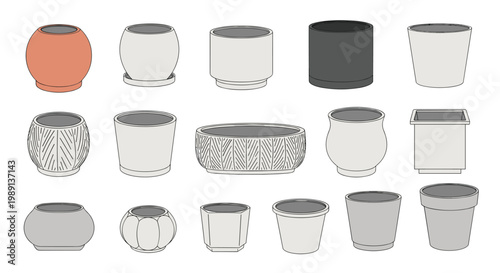 Collection of various ceramic flower pots and planters is shown in different shapes and sizes with a neutral color palette for decor.