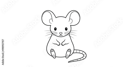 Simple and adorable line drawing of a small mouse is shown sitting peacefully with its long tail curled on a plain white background.
