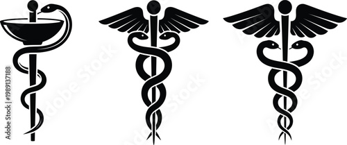 Medical caduceus and rod of asclepius vector icons, 3 pharmacy symbols, black silhouettes