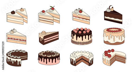 Wide selection of delicious cake slices and whole decorated cakes in various flavors like chocolate and strawberry for dessert menu concepts.