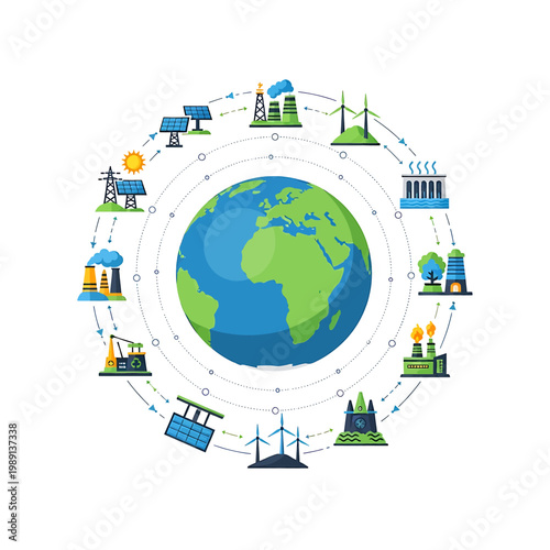 Earth surrounded by industrial icons.