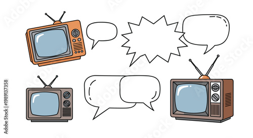 Vintage television sets and stylized speech bubbles arranged in a comic book or pop art style illustration for media communication concepts.