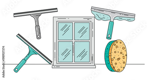 Set of window cleaning equipment featuring various squeegees a sponge and a window pane against a plain background for maintenance themes.
