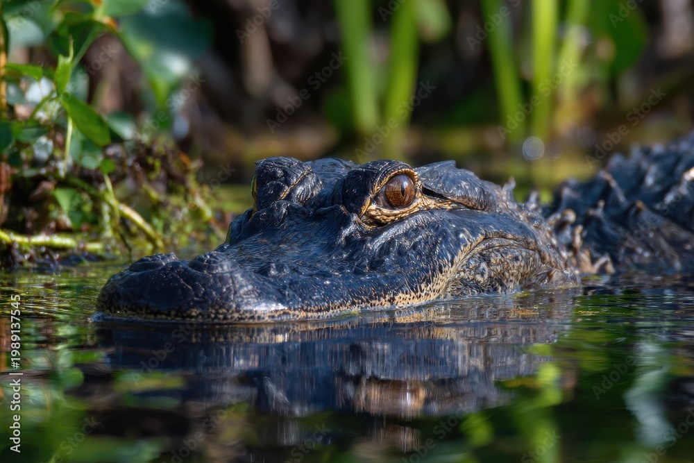 Obraz premium Close-up of an alligator in calm swamp water, ripples and reflections around the head