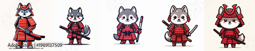 cute wolf vector wearing samurai armor