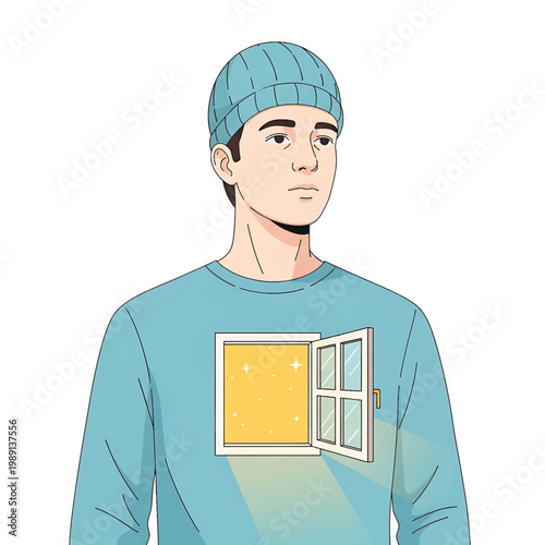 Young man wearing blue sweater.