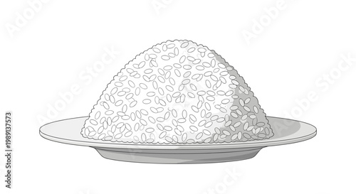 Large mound of white cooked rice served on a plain ceramic plate shown in a clean black and white outline and grayscale style.