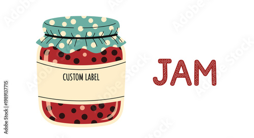 Stylized illustration of a glass jar filled with berry jam featuring a polka dot lid cover and a customizable white label for packaging.