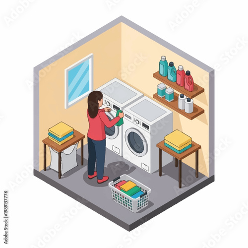 Woman loading laundry into washing machine in a laundry room.
