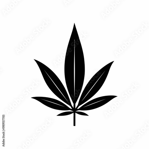 Black silhouette of a cannabis leaf on white background.