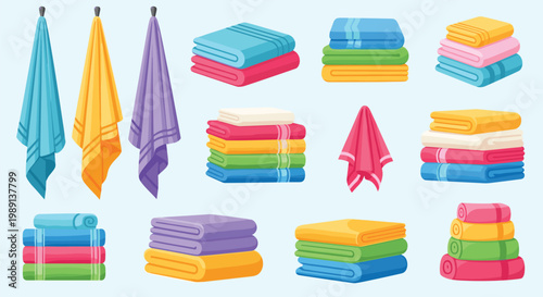Assorted colorful towels in different arrangements such as hanging folded stacks and rolled for bathroom or laundry room concepts.