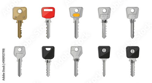 Collection of various metal keys with different head shapes and colors like gold red and black for security or locksmithing themes.