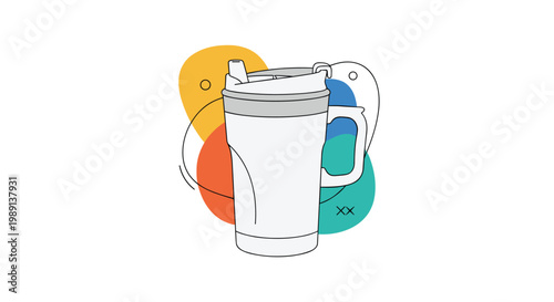 Large white insulated tumbler mug with a handle and lid shown against an abstract colorful background for hydration and travel themes.