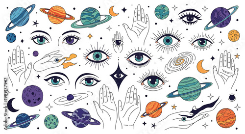 Eyes and hands with planets and stars 1.