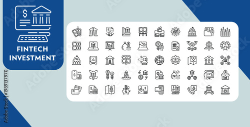 Fotografi Finance and Banking Line Icon Set, Fintech Investment Payment Money Management O