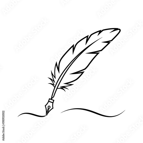 Quill pen drawing a curved line on white background.