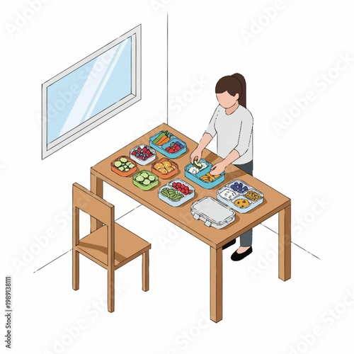 Woman preparing healthy lunch boxes on a wooden table.