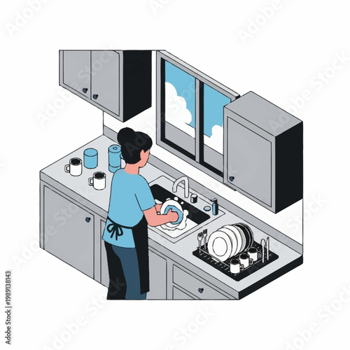 Woman washing dishes in a modern kitchen sink.