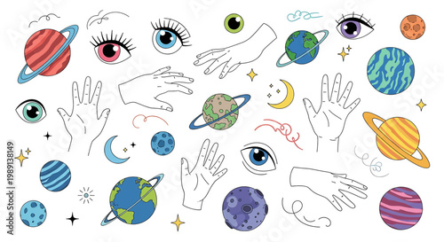 Hands and planets with eyes.