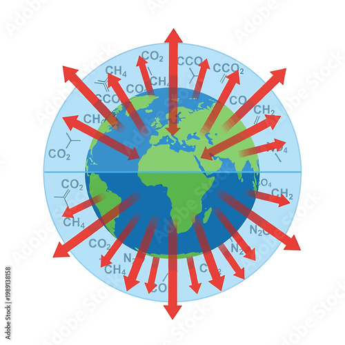 Earth with red arrows and molecules.