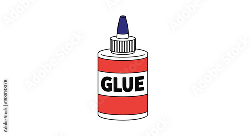 Illustration of a bottle of liquid glue with a red label and blue cap suitable for school supplies and office stationery designs.