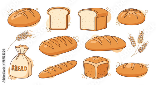 Assortment of different bread types including loaves sliced bread and rolls along with wheat stalks for bakery and nutrition themes.