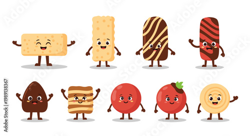 Collection of adorable cartoon snack characters like crackers chocolate bars and candies with happy faces for fun food branding.