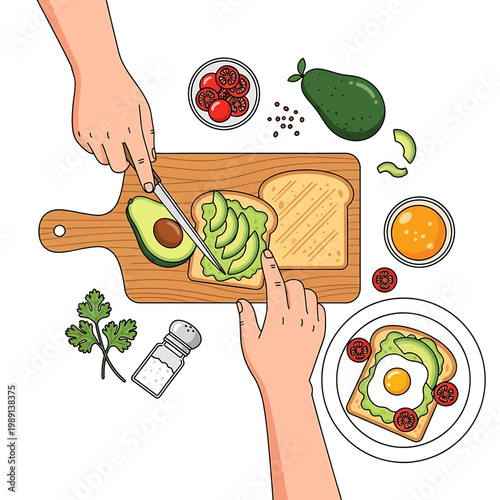 Hands preparing avocado on cutting board.
