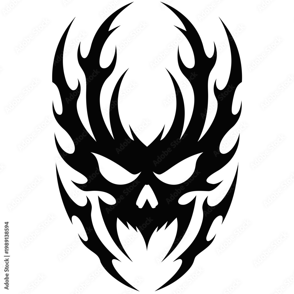 Fototapeta premium Tattoo, tribal skull, black flame design, vector illustration, graphic resource