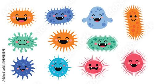 series of friendly cartoon bacteria and microbes with happy faces and vibrant colors representing different types of microorganisms.