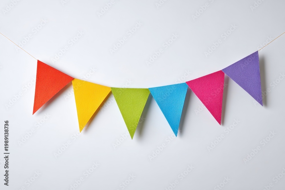 Fototapeta premium Cheerful party bunting banners with colorful triangle flags on pure white background