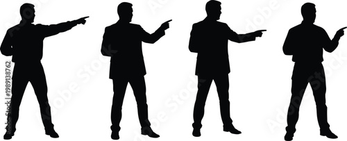 businessman pointing direction silhouettes set, confident male people gesture illustration isolated on white background leadership and communication concept