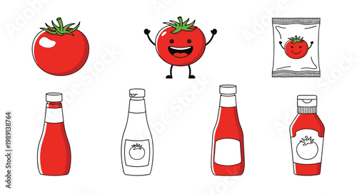 collection of tomato themed items including a fresh tomato a cartoon character tomato sauce packet and various ketchup bottles.