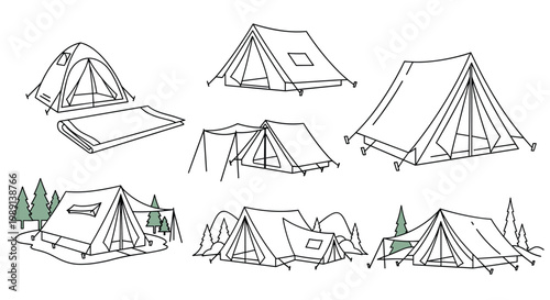collection of line art illustrations showing different types of camping tents in various styles and sizes on a white background.