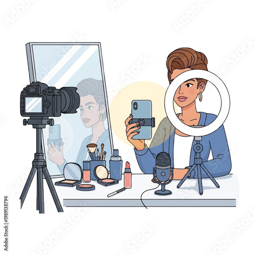 Woman filming herself with smartphone and ring light for social media.