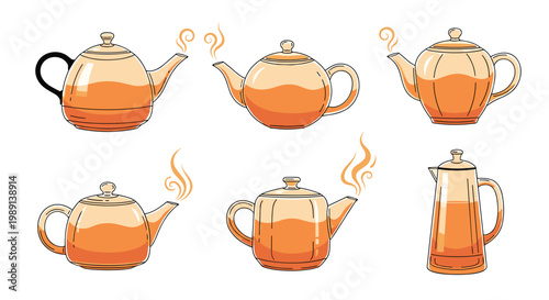collection of six elegant ceramic teapots in warm orange tones with steam rising from the spouts and one tall pitcher included.