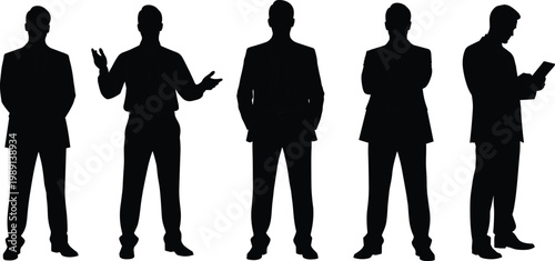Businessman silhouette set standing and presenting ideas, professional corporate men isolated on white background, leadership communication concept illustration