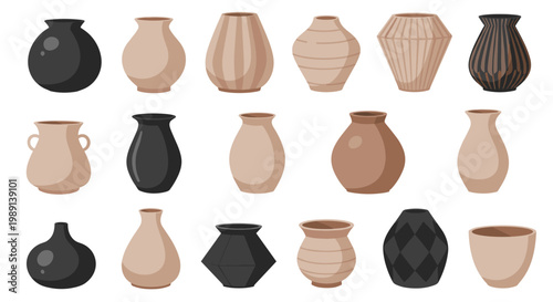 collection of fifteen ceramic vases and pottery items in various earth tones and shapes featuring different patterns and textures.