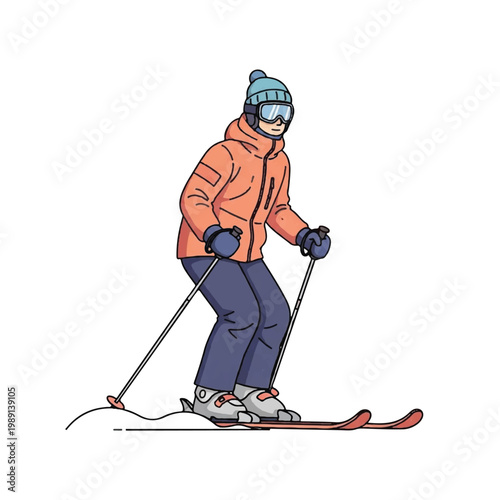 Woman skiing down a snowy slope wearing winter clothing.