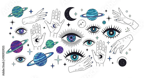 Eyes with planets and hands.