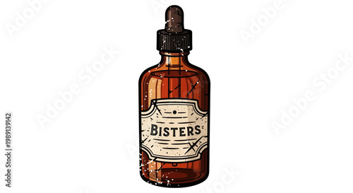 Antique Bisters medicine bottle with dropper, vintage style illustration.