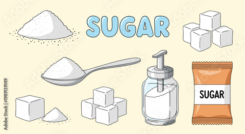 assortment of sugar related products including sugar cubes loose powder in a bowl a spoon full of sugar and a sugar packet.