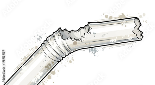 Bitten plastic drinking straw with watercolor splashes