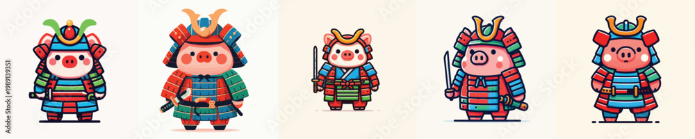 Fototapeta premium cute pig vector wearing samurai armor