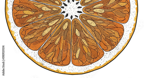 Close-up illustration of a juicy grapefruit slice with vibrant segments and white pith