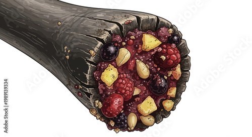 Close-up of a hollowed log filled with mixed berries, nuts, and seeds
