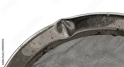 Close-up of a dented metal sieve with mesh texture against white background.