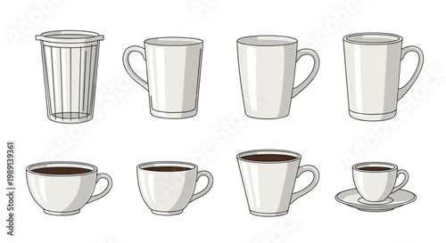 set of eight white ceramic coffee mugs and cups of various sizes some of which are filled with dark black coffee or espresso.