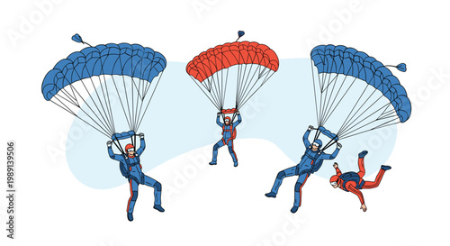 Group of skydivers performing formation jumps with red and blue parachutes floating in the sky against a light blue cloud background.