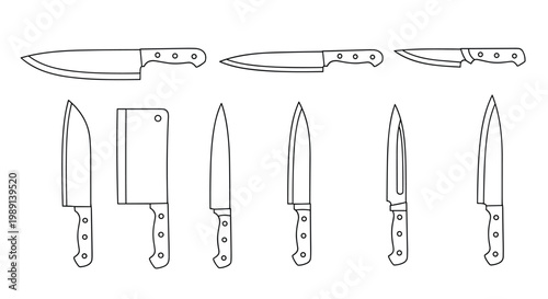 set of nine various kitchen knives including a cleaver chef knife and paring knife shown with black handles on white background.